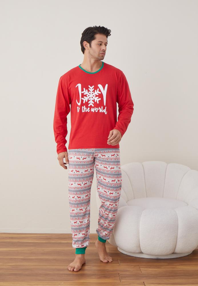 Pijama barbat Craciun maneca lunga pantaloni lungi rosu Joy ENGROS